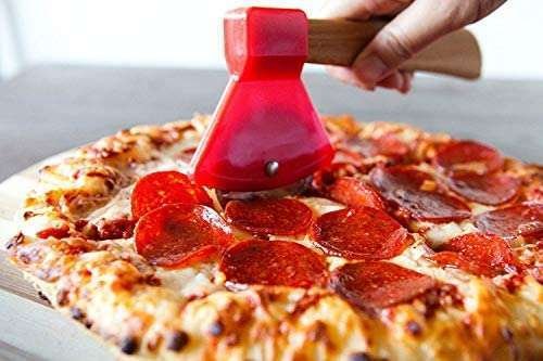 Axe Pizza Cutter with Bamboo Handle and Sharp Rotating Blade