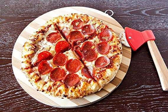 Axe Pizza Cutter with Bamboo Handle and Sharp Rotating Blade
