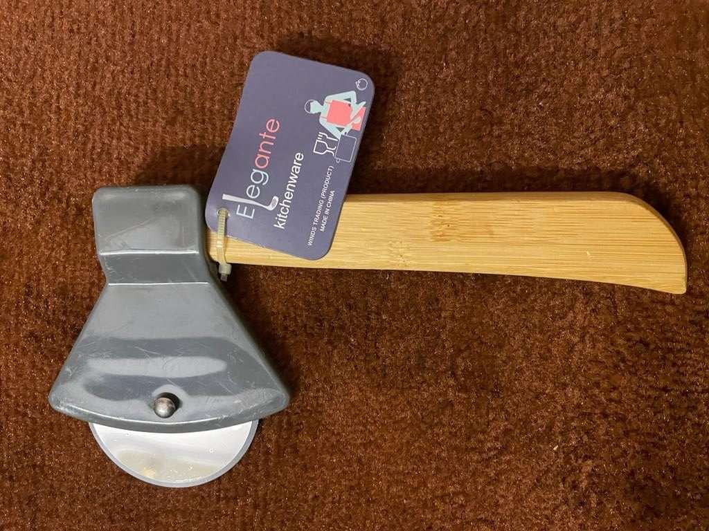Axe Pizza Cutter with Bamboo Handle and Sharp Rotating Blade