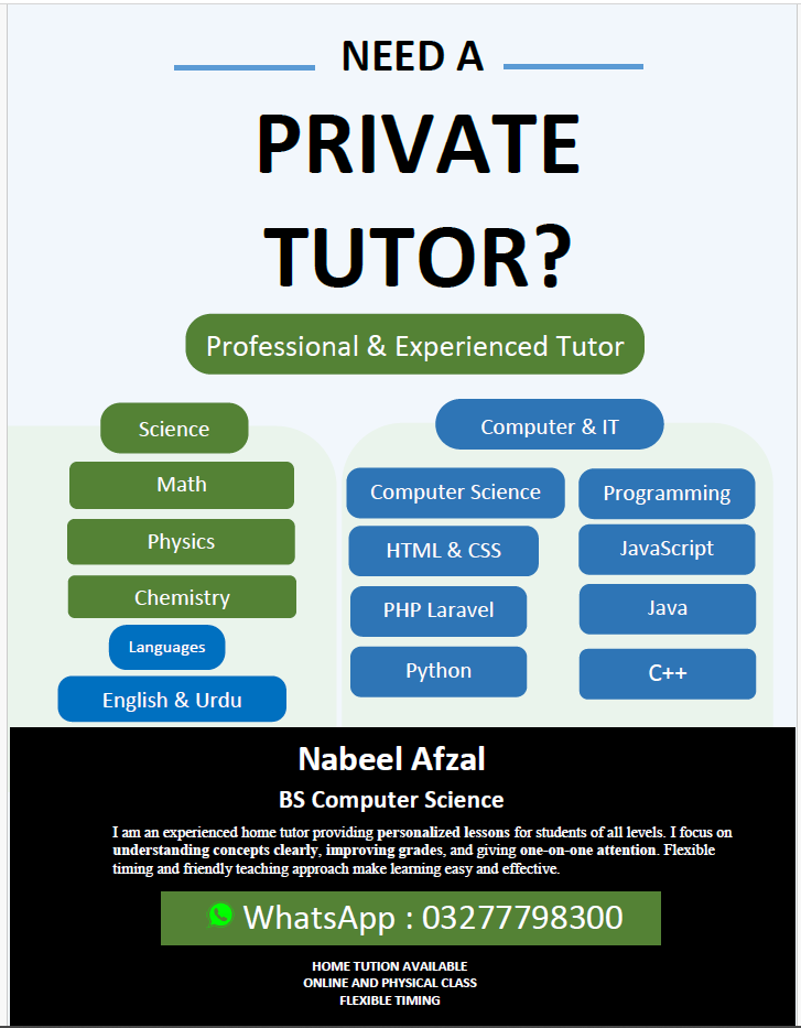Experienced Home Tutor for PG to FSC (All Subjects)