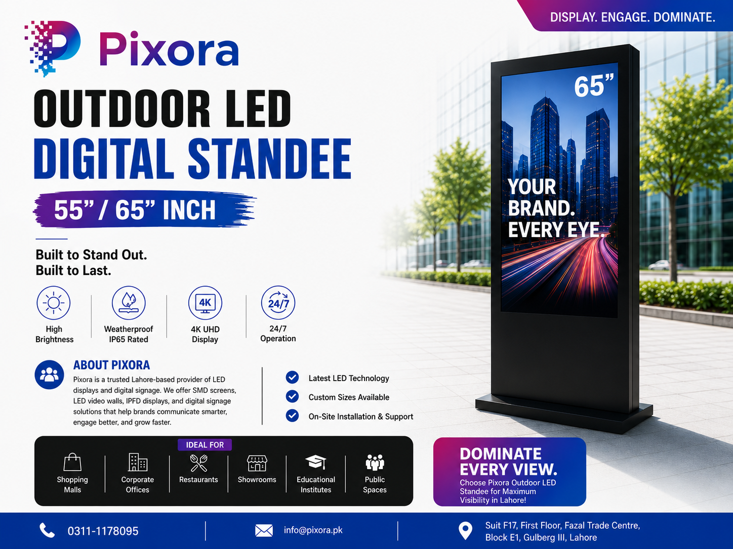 Outdoor LED Digital Standee 55″ & 65″ – IP65 4K UHD | Pixo