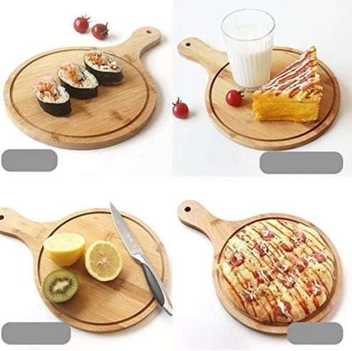 Bamboo Wooden Serving Plate Round Flat Fruit Pizza Serving Board Tray Plate with Handle