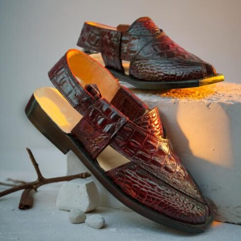 Maroon crocodile leather kheri chappal