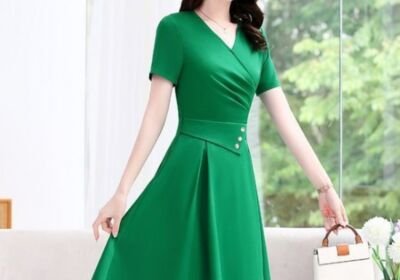 luxury-solid-color-waist-sliming-v-neck-short-sleeve-midi-dress-green-S6wLVP8Tiw-550×550-1