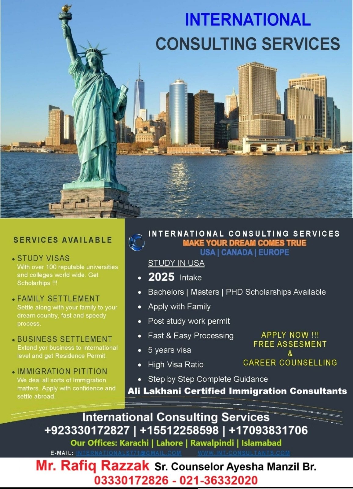 Karachi-based US Immigration Expert-Study Abroad, Work visa