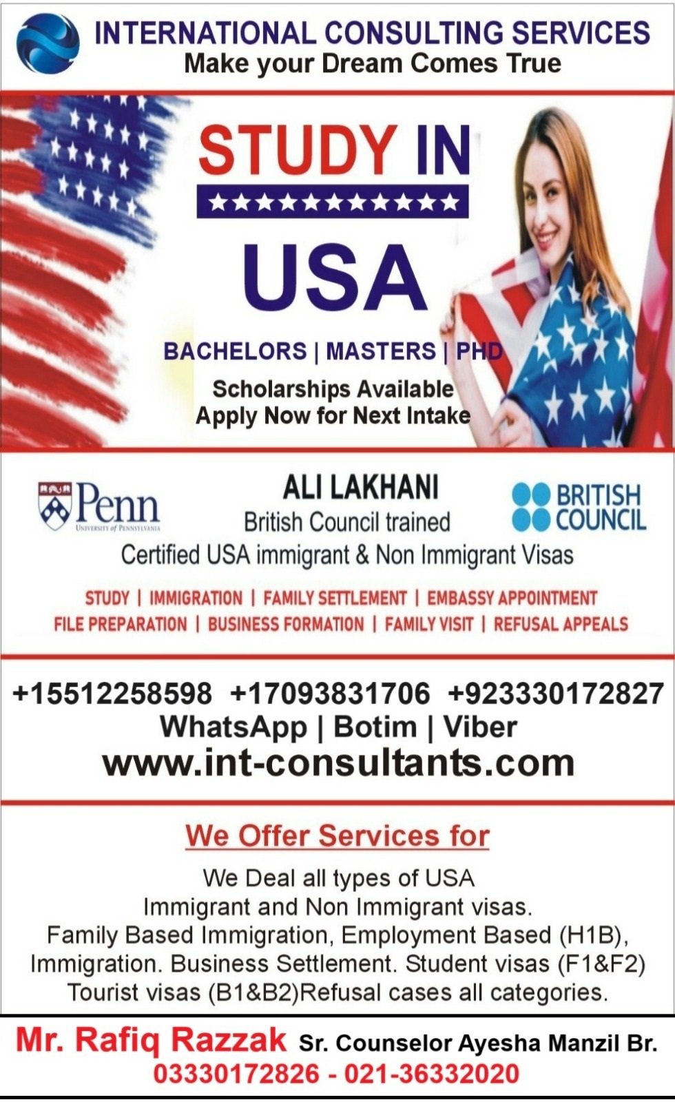 Karachi-based US Immigration Expert-Study Abroad, Work visa