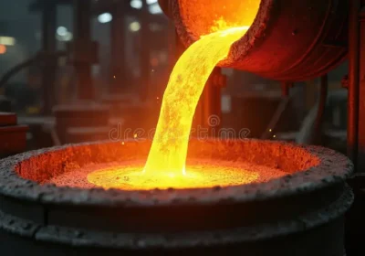 molten-metal-pours-container-industrial-foundry-process-bright-orange-hot-liquid-iron-flows-metallurgical-factory-385307375